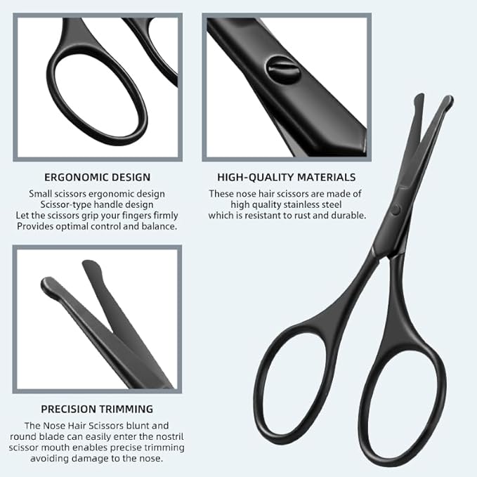 Facial Hair Small Grooming Scissors Set For Men Women Eyebrow Nose Hair Mustache Beard Eyelashes Trimming Kit Curved and Rounded Safety Tip 2PCS