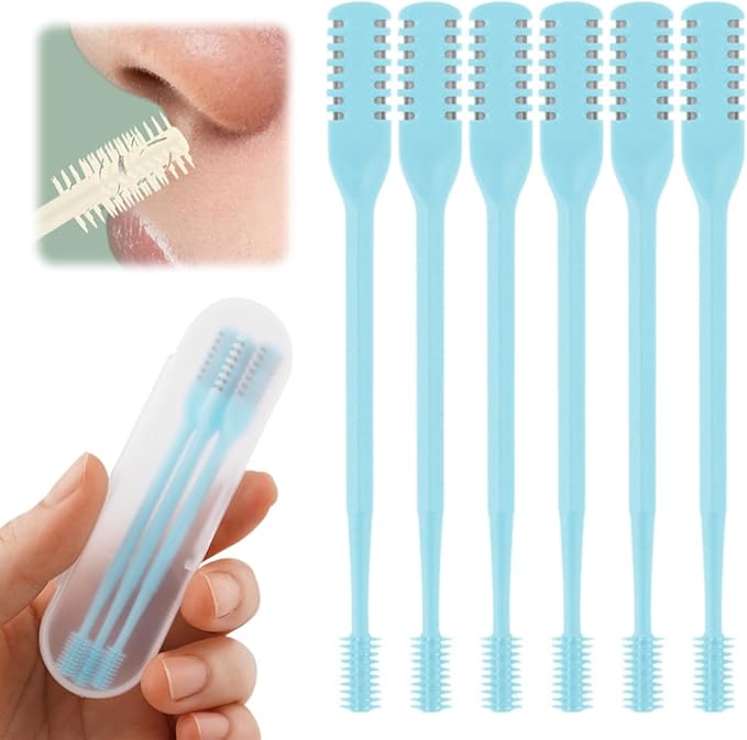 2-in-1 Nasal Hair Cutter, 2025 Upgrade 360° Rotating Nose Hair Trimmer with Double-Sided Blade & Ear Pick, Manual Nostril Hair Removal Tool for Men and Women, Soft Cleaning Brush (Blue, 6PCS)
