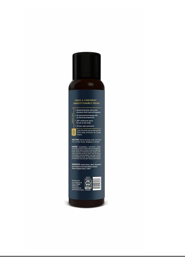 Cremo Palo Santo Body Spray, A Distinguishing Blend of Bright Cardamom, Dry Papyrus and Aromatic Palo Santo, 3.5 Fl Oz