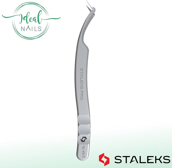 STALEKS PRO Expert 45 Type 2 Professional Eyelash Tweezers (L-Shaped 40°) – Stainless Steel with Nano-Notches for Volume & Mega-Volume Lash Extensions & Enhanced Visibility