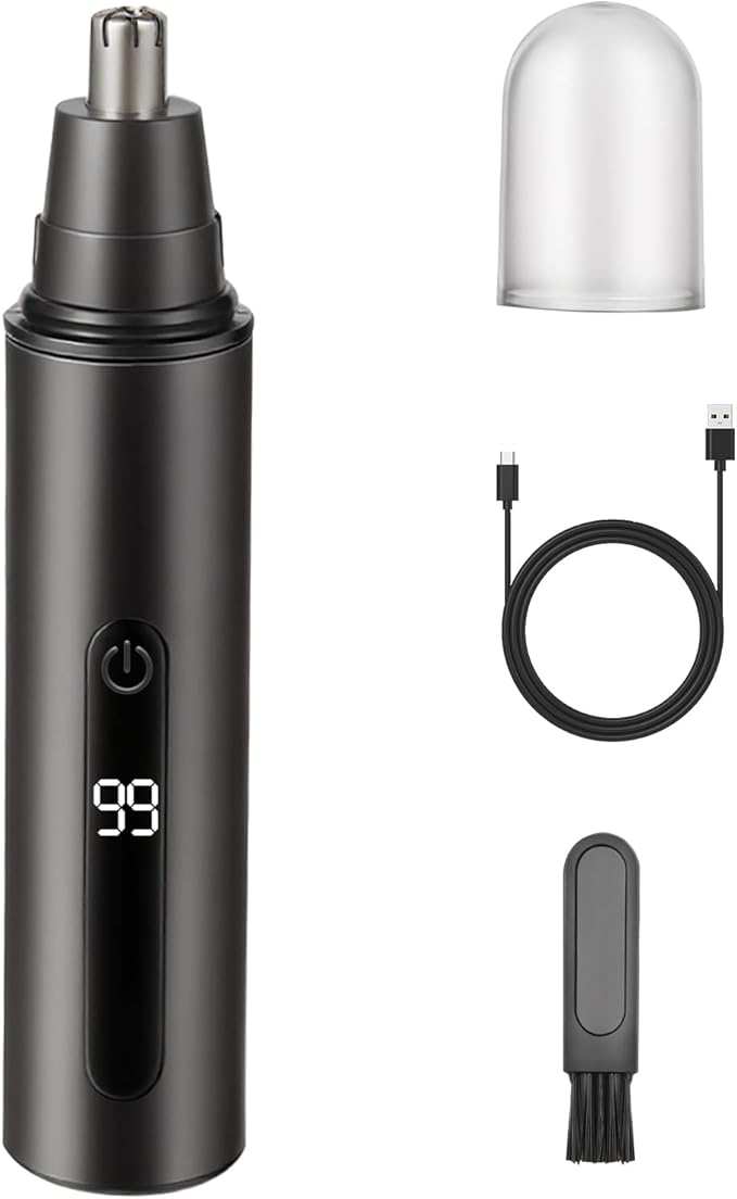 SYAWS Nose Hair Trimmer for Men and Women,USB Rechargeable Eyebrow & Facial Hair Remover with LED Display,Aluminum Alloy Shell with IPX7 Waterproof,Dual Edge Blades for Easy Cleaning (Black)