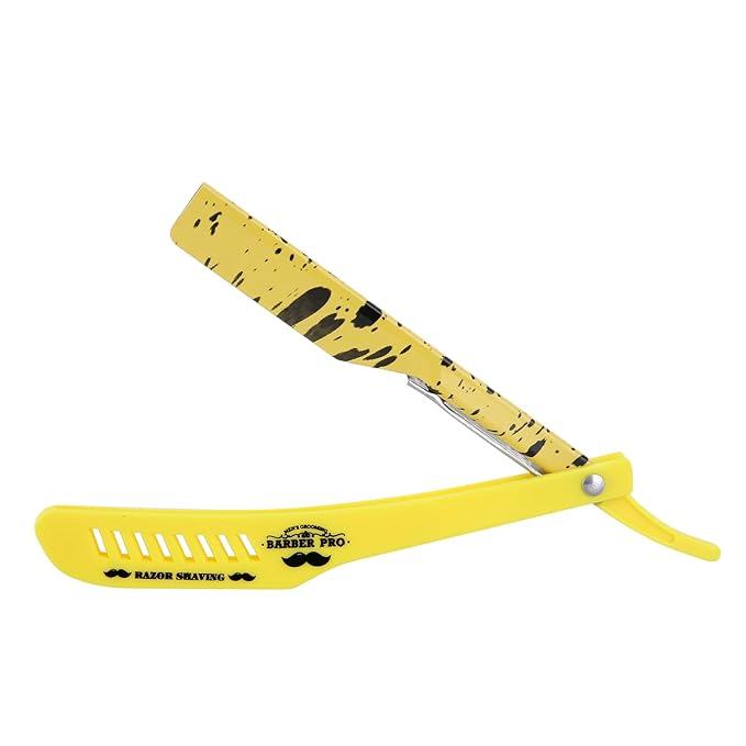 Professional Straight Razor Holder for Barbers – Folding Shaving Razor Handle, Stainless Steel Blade Compatible, for Barber Shop & Home Grooming (Yellow)