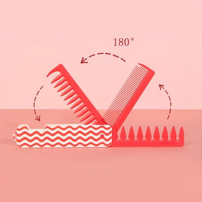 Protable Folding Hair Comb for Men, 3 in 1 Pocket Combs - Fine Tooth Comb, Styling for Everyday Grooming & Combing Hair, Beards and Mustaches (Red)