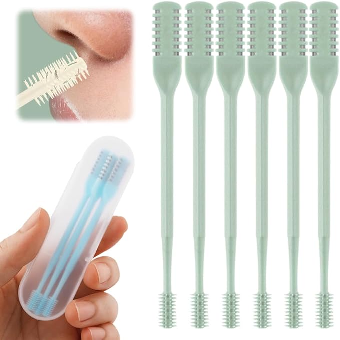 2-in-1 Nasal Hair Cutter, 2025 Upgrade 360° Rotating Nose Hair Trimmer with Double-Sided Blade & Ear Pick, Manual Nostril Hair Removal Tool for Men and Women, Soft Cleaning Brush (Green, 6PCS)
