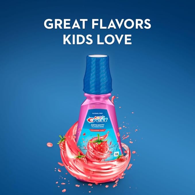 Crest Kid's Anti Cavity Fluoride Mouthwash, Alcohol Free, Strawberry Rush, 500 mL (16.9 fl oz), (Pack of 8)