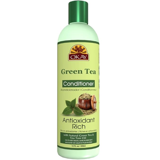 OKAY | Green Tea Nourishing Antioxidant Rich Conditioner | For All Hair Types & Textures | Revitalize - Rejuvenate - Restore | With Tea Tree Oil | Free of Paraben, Silicone, Sulfate | 12 oz , pale green