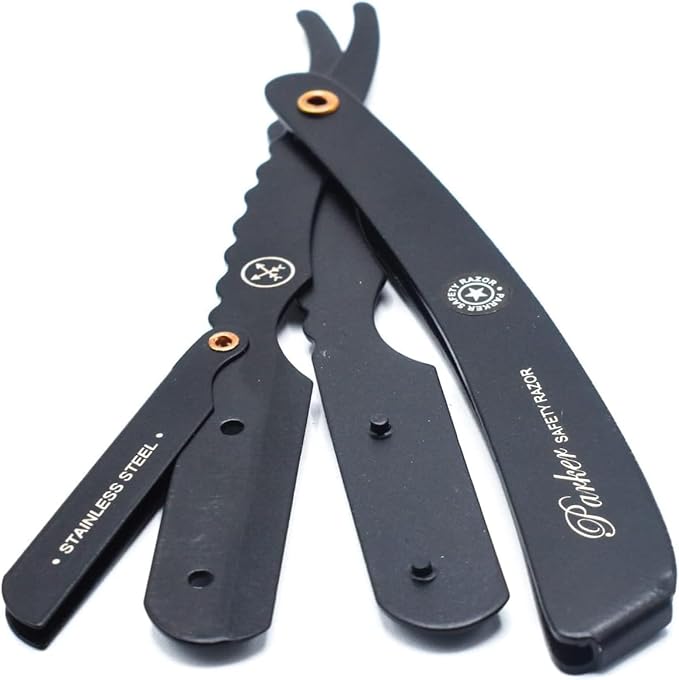 Parker SRXBLK Professional Stainless Steel Clip‑Style Barber Razor – Heavy‑Duty Black Finish with 5 Refill Blades, Ergonomic Weight for Barbers & Straight Razor Shaving Enthusiasts