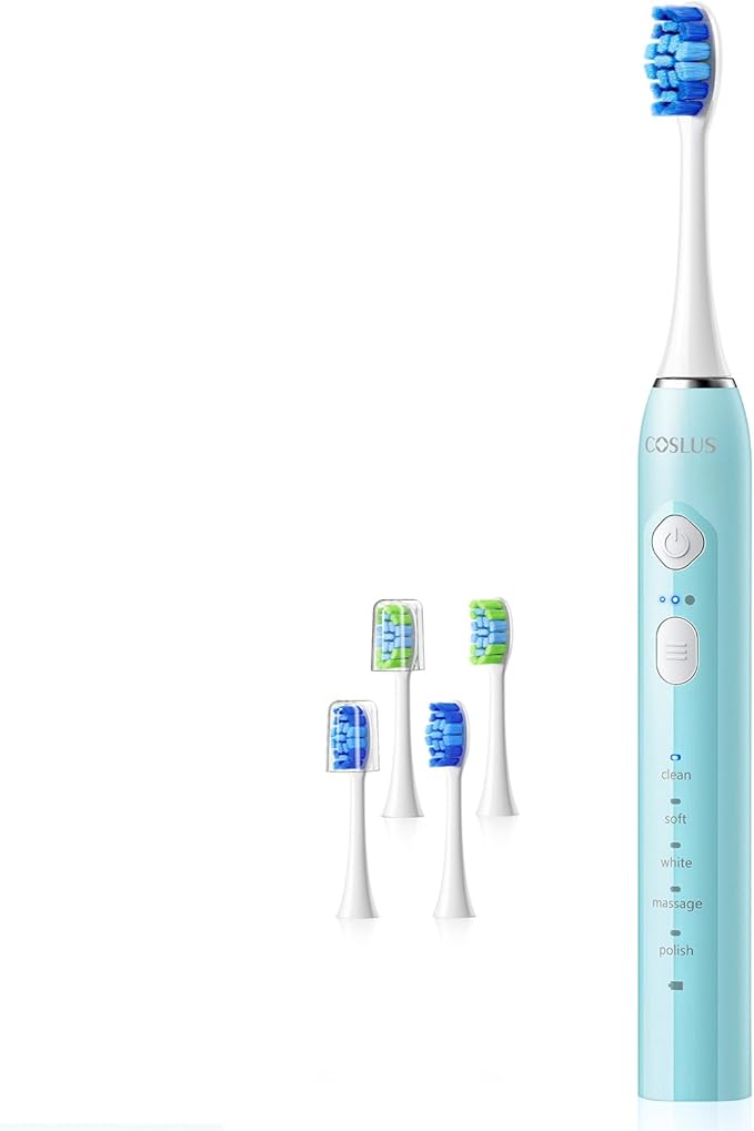 COSLUS C30 Electric Toothbrush for Adults & Kids: 3 Intensities & 5 Modes for Effective Yet Gentle Ultra-Clean Feel, 2 Types of Heads for Gentle & Daily Care, Travel & Home Use, Green, 1PC