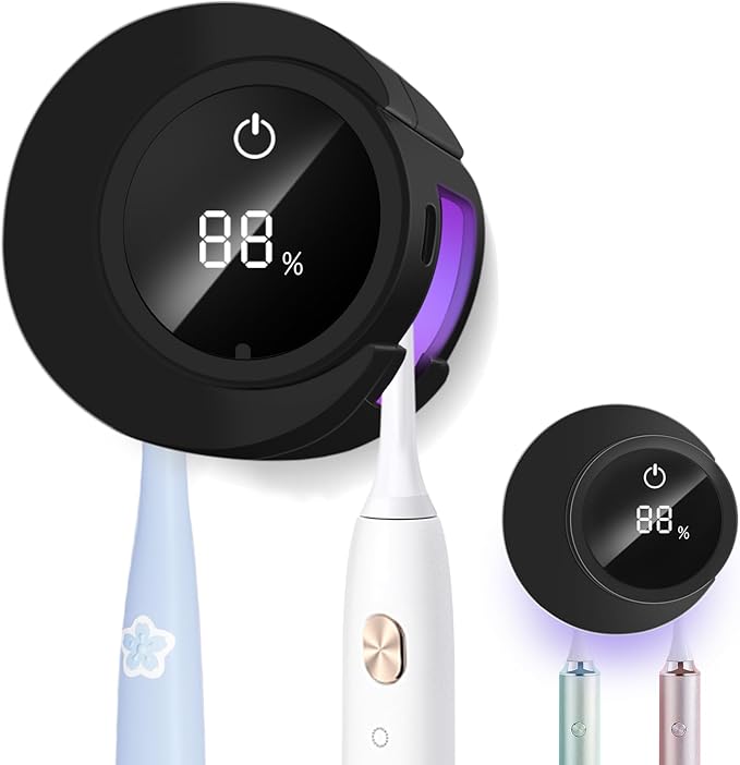 Toothbrush Sanitizer - Wall Mounted Toothbrush Holder LED Smart Screen with Auto Inductive Open/Close Cover for Bathroom Wall-Mounted (Black)