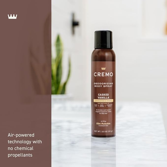 Cremo Casked Vanilla Body Spray, A Sophisticated Blend of Black Plum, Warm Incense, and Madagascar Vanilla, 3.5 Fl Oz