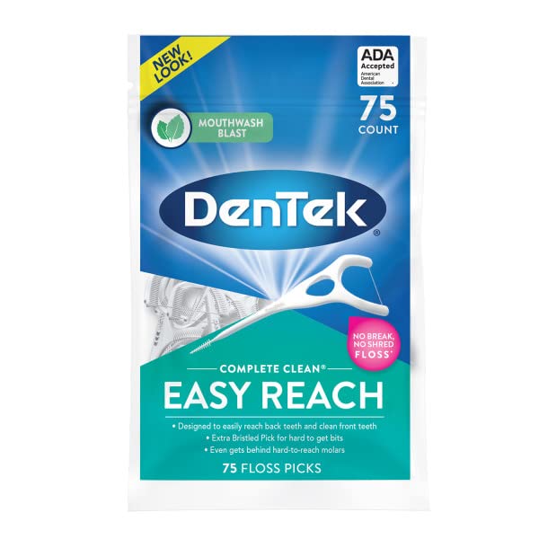 DenTek Complete Clean Easy Reach Floss Picks, Advanced Fluoride Coating, Mouthwash Blast Flavor, 75 ct. (Pack of 2)