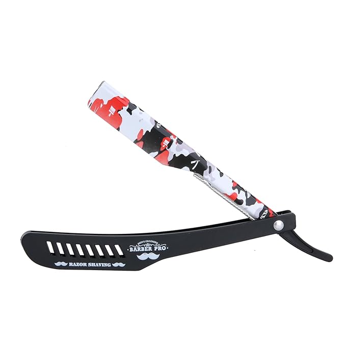 Professional Straight Razor Holder for Barbers – Folding Shaving Razor Handle, Stainless Steel Blade Compatible, for Barber Shop & Home Grooming (Black Red)