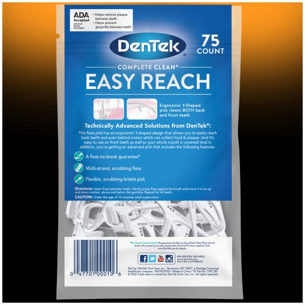 DenTek Complete Clean Easy Reach Floss Picks, Advanced Fluoride Coating, Mouthwash Blast Flavor, 75 ct. (Pack of 2)