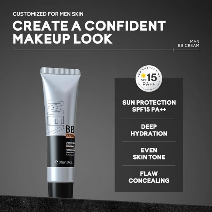 AKARY Hydrating Men BB Cream SPF 15 PA++, Full-Coverage Foundation&Concealer, Mens Face Moisturizer Cream Evens Skin Tone, Oil Control and Cover Flaws, Natural Finish for All Skin Types, Natural 240