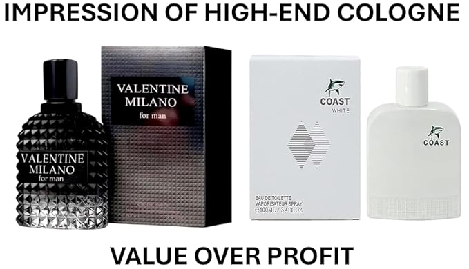 VALENTINE MILANO and (COAST WHITE Cologne for Men Combo Pack Eau de Toilette Fragrance 3.4oz/100ml, Natural Spray, Long Lasting (Pack of 2))
