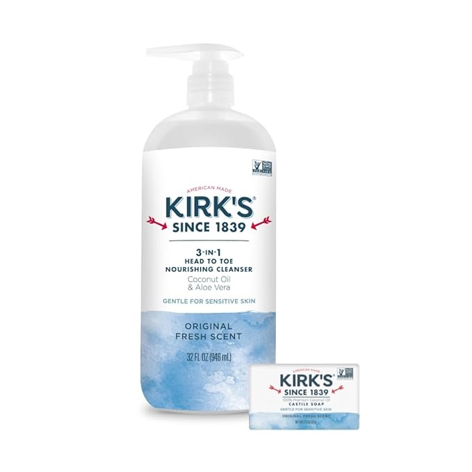 Kirk's 3-in-1 Head to Toe Nourishing Cleanser & Travel Size Bar Soap - for Men, Women & Children, Made with Premium Coconut Oil and Aloe Vera, Non-GMO & Vegan, Original Fresh Scent, 32 Fl Oz.