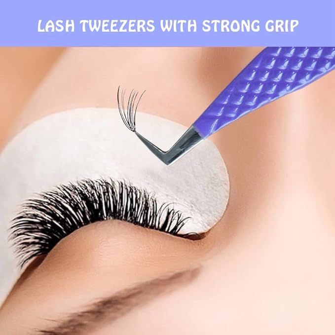 Lash Tweezers - Stainless Steel Fiber Tip Eyelash Tweezers (Set of 4) - Diamond Grip Professional Lash Tweezers for Eyelash Extensions (Purple)