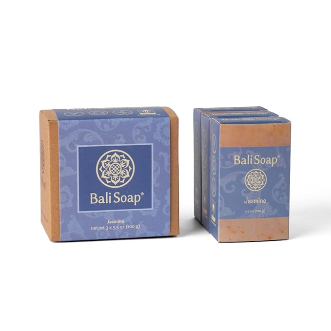Bali Soap Jasmine Natural Soap Bar for Men & Women, Vegan Handmade Exfoliating Body & Face Wash, Cold Pressed 3 Pack 3.5 oz Each, Gift Set