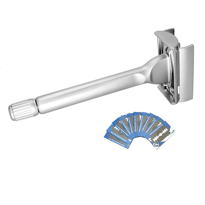 Classic Long Handle Heavy Weight Butterfly Open Double Edge Safety Razor for Men & Women with 10 Stainless Steel Blades,Smooth and Clean Shave Machine,Unique Gifts for Him