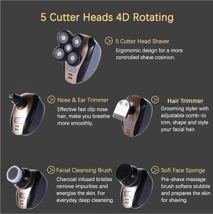 Men's Electric Bald Razor, 5 in 1 Bald Men's Head Shaver, IPX7 Waterproof Shaver Heads, Nose Hair Sideburn Trimmer, USB Rechargeable Bald Head Razor