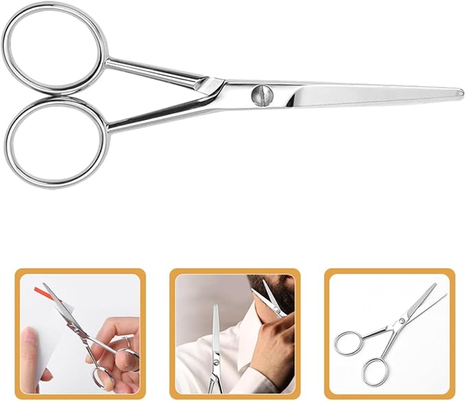 Cabilock Stainless Steel Mustache Scissors and Beard Trimming Scissors with Non-Slip Grip, Small Grooming Shears for Men’S Facial Hair Care, Silver Finish for Precise Beard Shaping and