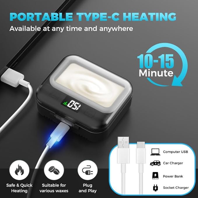Nose Wax Kit Men,Nose Hair Waxing Kit with Adjustable LED Display,Ear Hair Removal Kit for Men Women 100 g Wax 70 Applicators,Constant Temp,USB Heated,Pocket-Size,Black