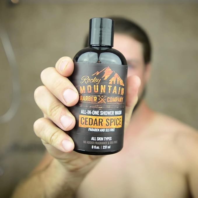 Rocky Mountain Barber Company Cedar Spice All-In-One Body Wash – Shampoo, Body Wash, Conditioner, Face Wash & Beard Wash with Essential Oils - 8 oz