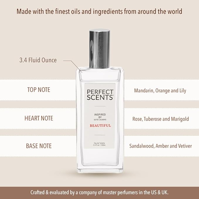 Perfect Scents Fragrances, Inspired by Estee Lauder’s Beautiful, Women’s Eau de Toilette, CLEAN, Vegan, Paraben-Free, Phthalate-Free, Never Tested on Animals, 3.4 Fluid Ounces