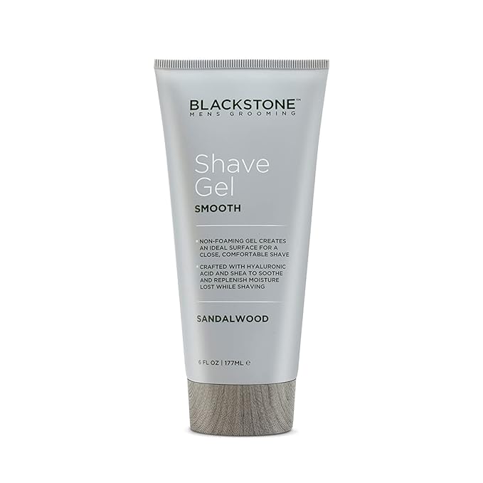 Blackstone Men's Grooming Smooth Shave Gel - Non Foaming for a Smooth Comfortable Shave - Hyaluronic Acid, Shea, Peppermint & Tea Tree - Cool, Soothe & Replenish Moisture - Sandalwood Scent (6 oz)
