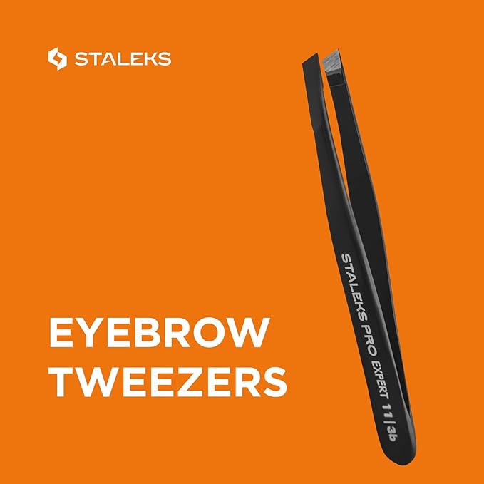 STALEKS PRO Expert 11 Type 3b Professional Eyebrow Tweezers (Black) – Wide Beveled Stainless Steel for Thick Brows & Effective Hair Removal