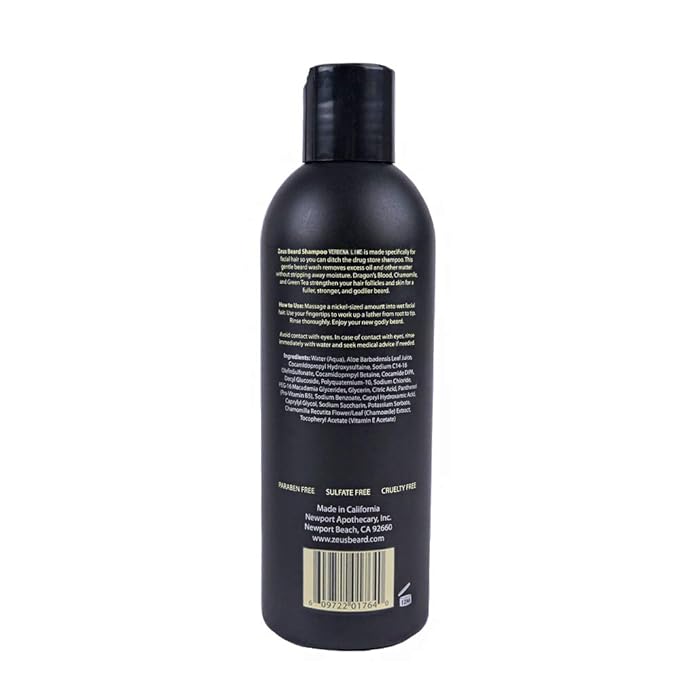 ZEUS Beard Shampoo - Cleansing & Moisturizing with Green Tea & Natural Ingredients to Soften, 8 oz (Made in USA) Verbena Lime
