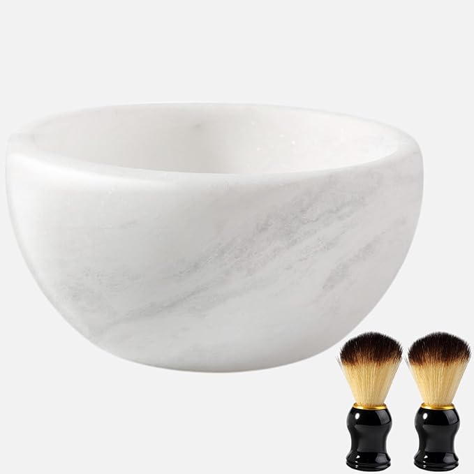 Koville White Marble Shaving Soap Bowl Handmade from Natural Marble, Heat Retaining Stone Provides a Luxurious Hot Shave Experience, Shaving Bowl Gift for Men with 2 Pack Shaving Brush