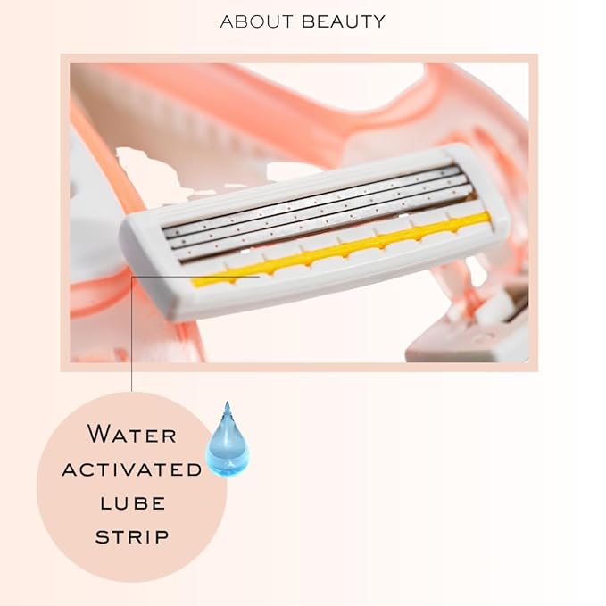 About Beauty Spa Shave 3 Blade Disposable Razors, Includes 4 Disposable Razors, Skin-Soothing Coconut Oil Moisture Pad Gently Glides Along Skin, Ergonomic Cushion Grip Handle