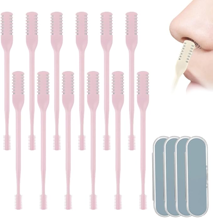2-in-1 Manual Nose Hair Trimmer & Ear Picker, 360° Rotating Nasal Hair Cutter for Men Women, Stainless Steel Nose Hair Shaver, Portable Manual Tool, Travel Essentials (Pink, 12 pcs)