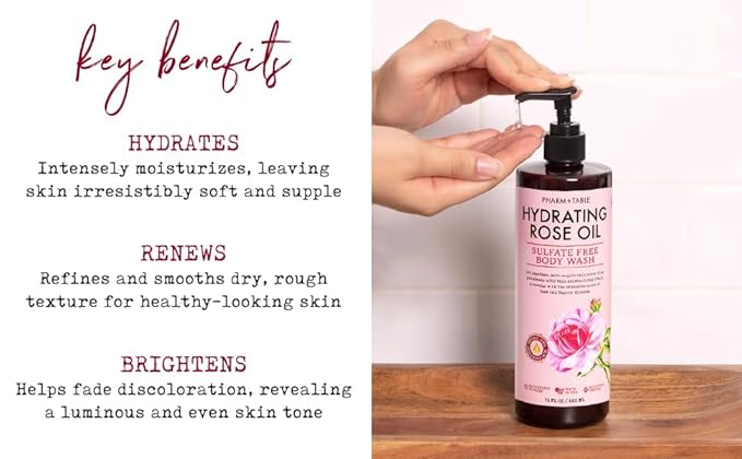 Hydrating Rose Oil Body Wash for Women and Men - Hydrates and Brightens the Skin, Sulfate Free, 100% Cruelty Free, 480ml