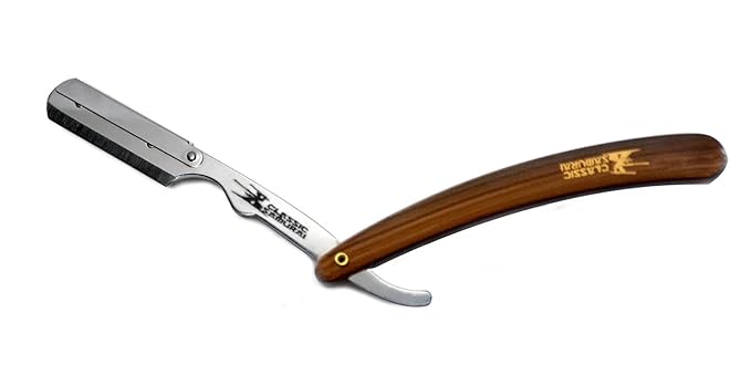 Stainless Steel Professional Barber Folding Straight Edge Razor Shavette Men's Shaving Kit with 200 Count Lord Single Edge Razor Blades (Brown)