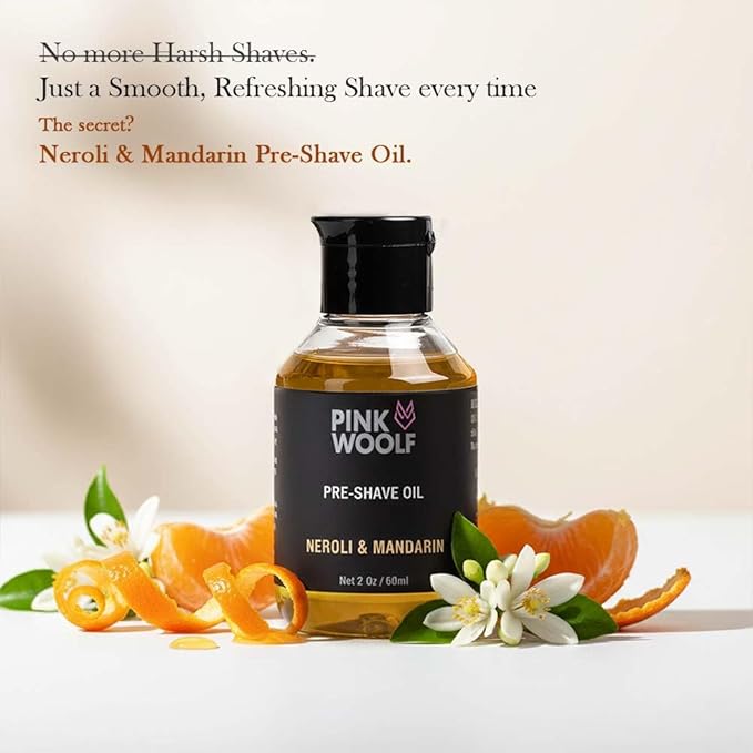 Pink Woolf Pre-Shave Oil for Men | Neroli & Mandarin Essential Oils | Softens Beard, Prepares Skin for Smooth Shave | Prevents Razor Burn | Suitable for All Skin Types | 2 Fl Oz | Pack of 1
