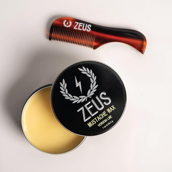 ZEUS Mustache Wax for Men with Natural Shine, Moisturizing & Conditioning Formula, Light to Medium Hold for Styling & Shaping Facial Hair (Made in USA) 1 oz.