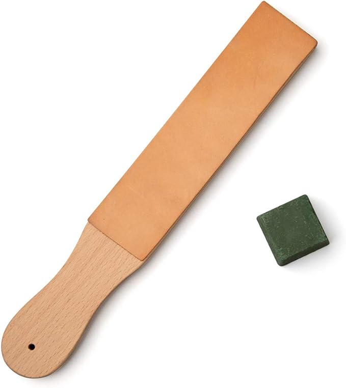 WUTA Natural Leather Sharpening Strop w/Green Polishing Compound,Knife Razor Polishing Board Wooden Handle Double-Sided Vegetable Tanned Leather