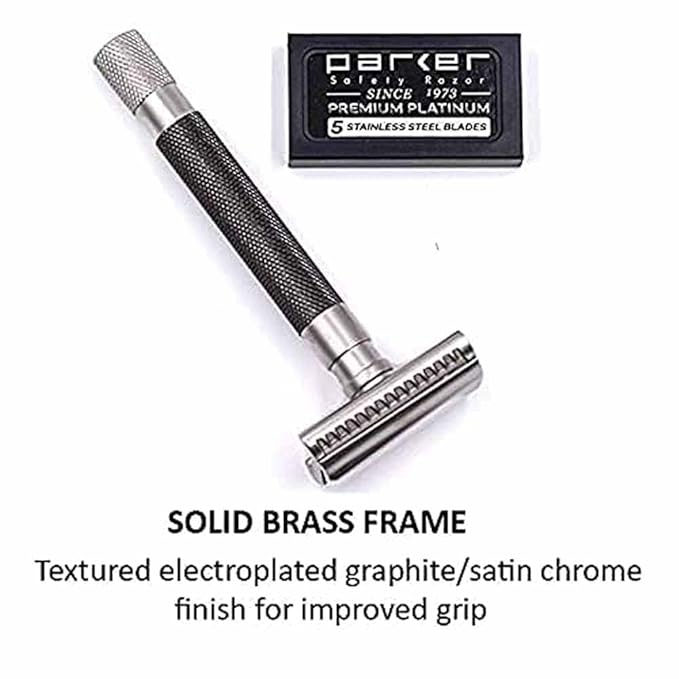 Parker Semi-Slant Safety Razor – Graphite Finish | Close Shaving Double Edge Razor for Sensitive Skin & Coarse Hair | Slanted Precision Head + 5 Platinum DE Blades | Iconic Brand
