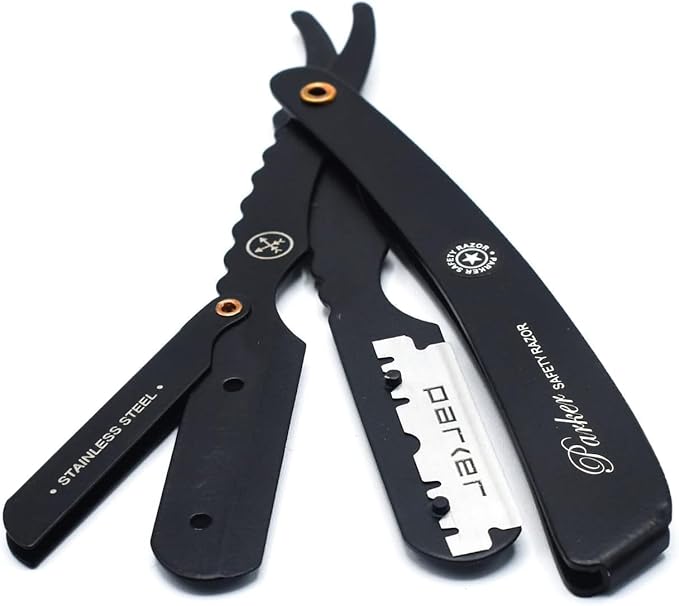 Parker SRXBLK Professional Stainless Steel Clip‑Style Barber Razor – Heavy‑Duty Black Finish with 5 Refill Blades, Ergonomic Weight for Barbers & Straight Razor Shaving Enthusiasts