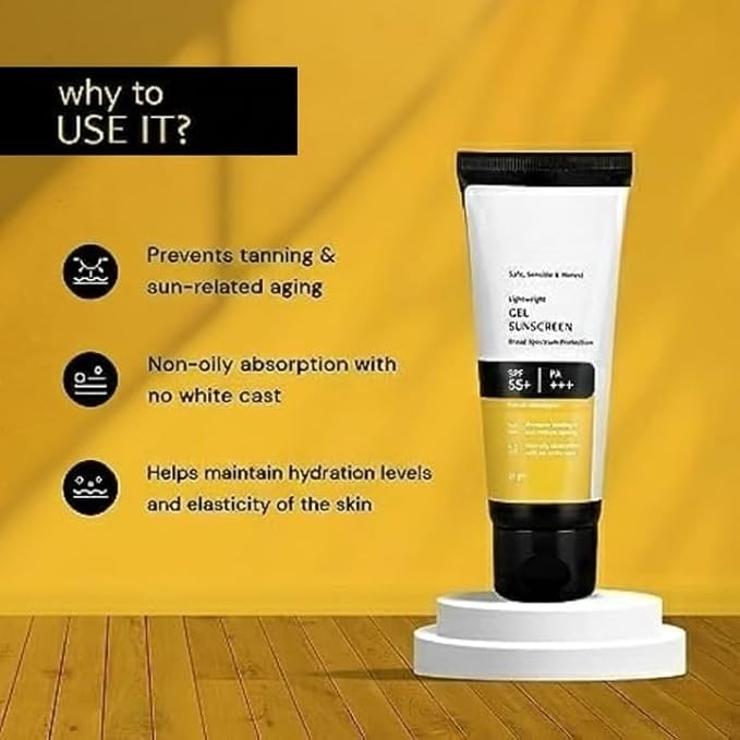 Gel Sunscreen SPF 55+ and PA+++ | Gel based sunscreen for oily skin, combination skin, normal skin | Broad spectrum sunscreen, No White Cast, Lightweight, Non greasy - 50g
