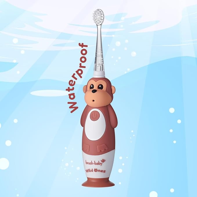 BrushBaby - WildOnes - Kids Rechargeable Electric Toothbrush, Ages 0-10 - Monkey Design with Flashing Lights - DeepClean Bristles for Superior Cleaning - 2 Replacement Brush Heads, 1 USB Cable