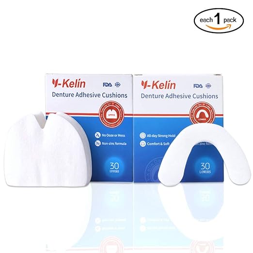 Y-Kelin Denture Adhesive Cushions Uppers & Lowers, Adhesive-Free Denture Pads for Sore Gums, 30 Pads*2 (60 Strips)