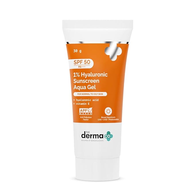The Derma Co 1% Hyaluronic Sunscreen Aqua Gel with SPF 50 & PA++++ | Provides Blue Light Protection | Suits Oily to Normal Skin | Men & Women | 1.06 Oz/30g