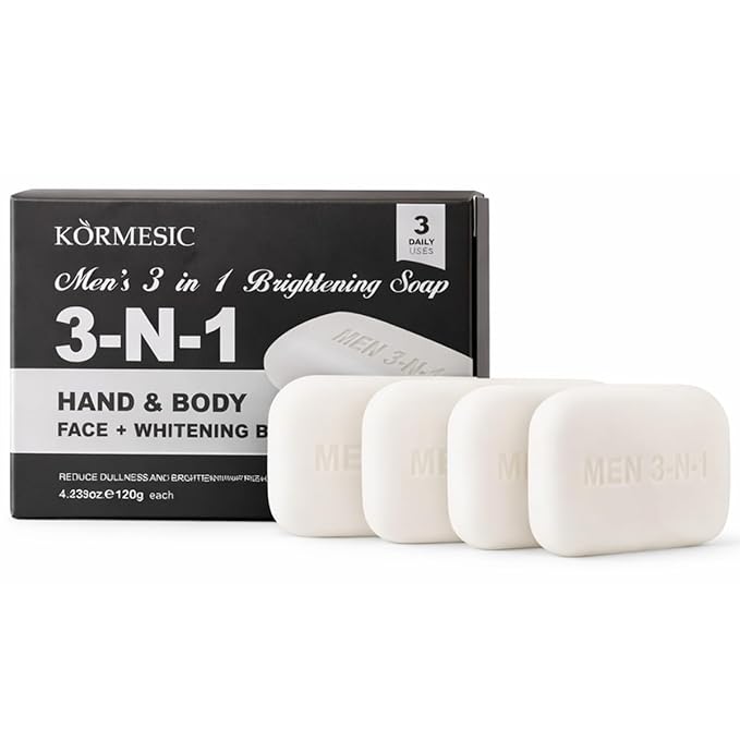 3 in 1 Men's Bar Soap, Natural Herb-Infused Scent, Moisture-Rich pH Balanced Cleanser for Face Body Hand, Hypoallergenic Vegan Whitening Soap for All Skin Types(4.23oz, 4-Pack)