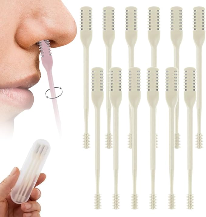 2-in-1 Nasal Hair Cutter, 2025 Upgrade 360° Rotating Nose Hair Trimmer with Double-Sided Blade & Ear Pick, Manual Nostril Hair Removal Tool for Men and Women, Soft Cleaning Brush (Beige, 12PCS)