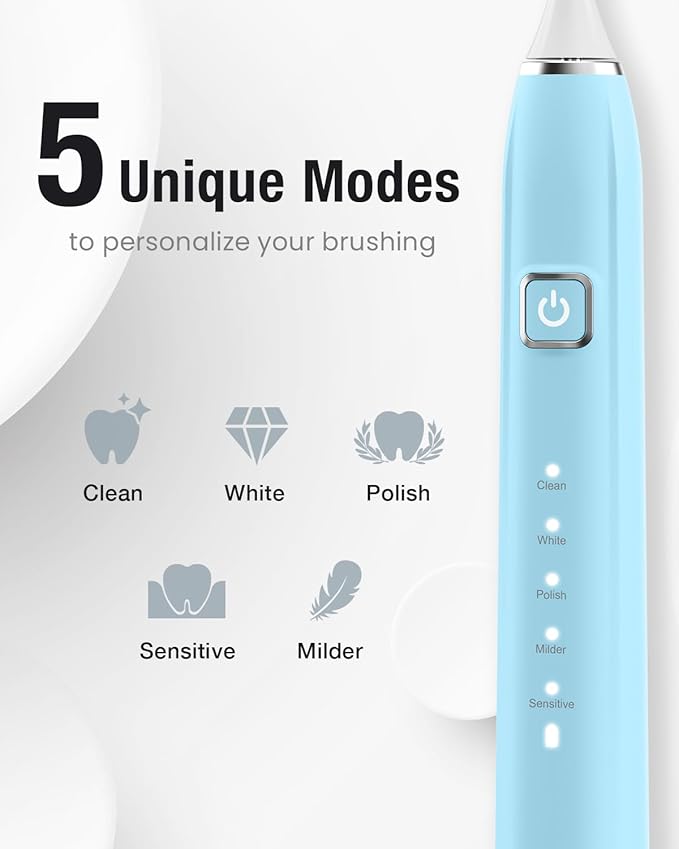 7AM2M Ultrasonic Electric Toothbrush with 6 Brush Heads for Adults&Kids, Type C Charging, One Charge for 120 Days, 5 Modes&40000VPM Powered Toothbrush, 2 Minutes Built in Smart Timer (Light Blue)