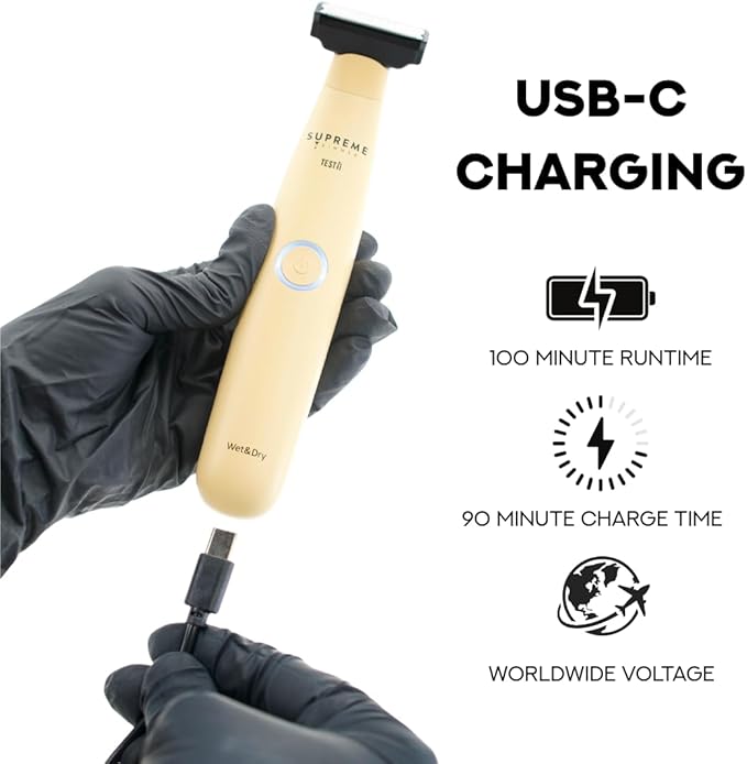 Supreme Trimmer Testii STH120 Men’s Ball Trimmer and Body Groomer, Waterproof Wet Dry Use, Skin-Safe Blade System, USB-C Fast Charging, 90 Min Runtime, Replacement Heads Available