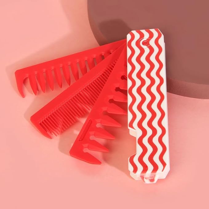 Protable Folding Hair Comb for Men, 3 in 1 Pocket Combs - Fine Tooth Comb, Styling for Everyday Grooming & Combing Hair, Beards and Mustaches (Red)